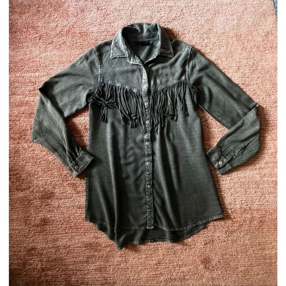 Lola P. Fringe Button Down Shirt Size S Washed Green Gray Boho Western Long Slee